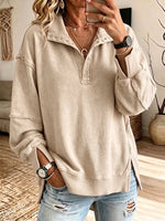 Casual Oversized Raw-edge Cotton Henley Sweatshirt
