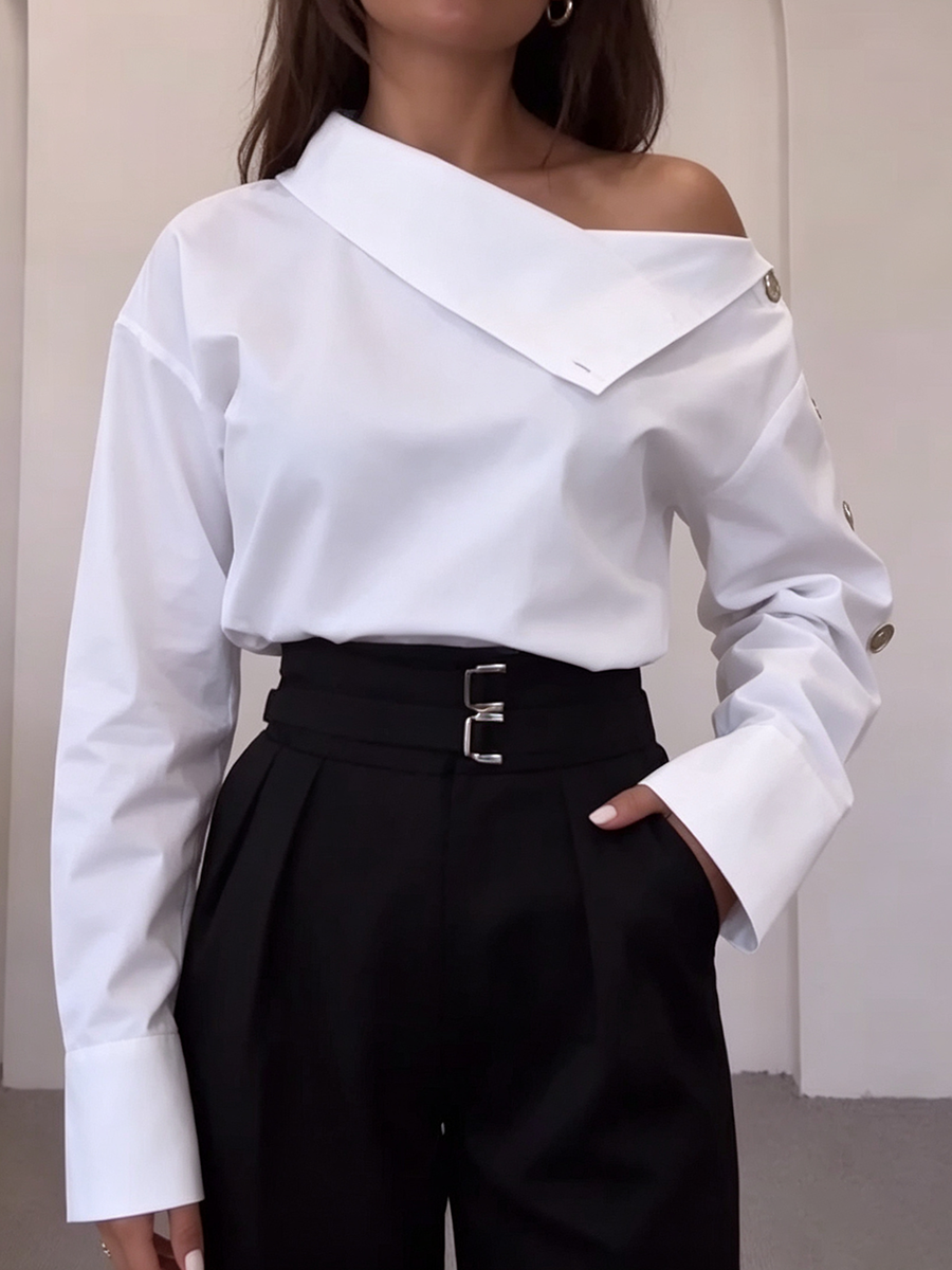 Chic Asymmetrical Button Accents White Blouse