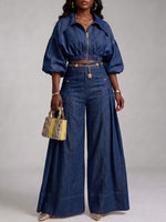 Casual Cropped Zip-up Denim Jacket And Wide-leg Trousers Set