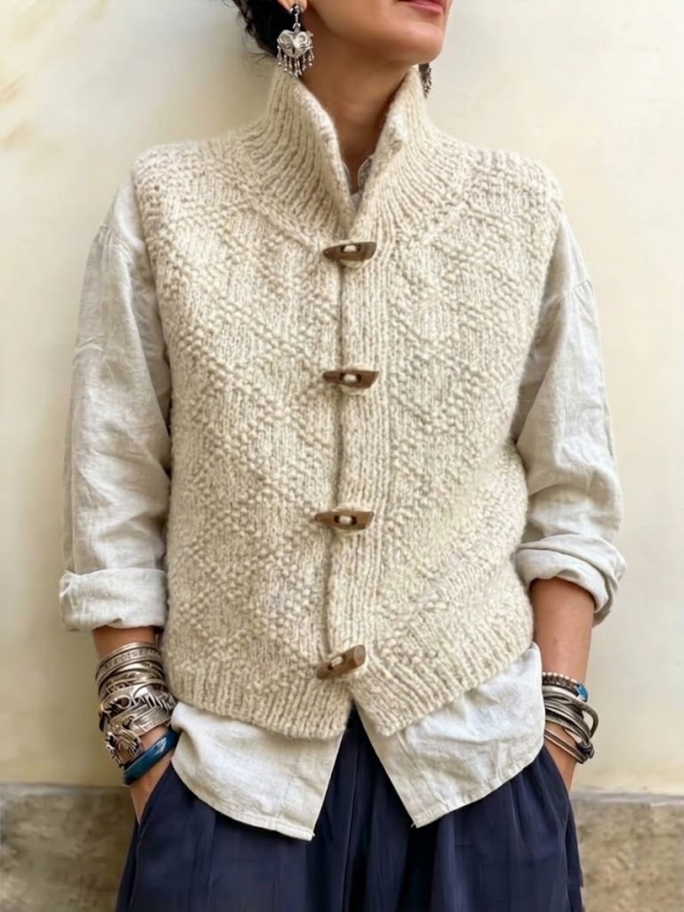 Stand-collar Textured Knit Vest With Toggle Closures