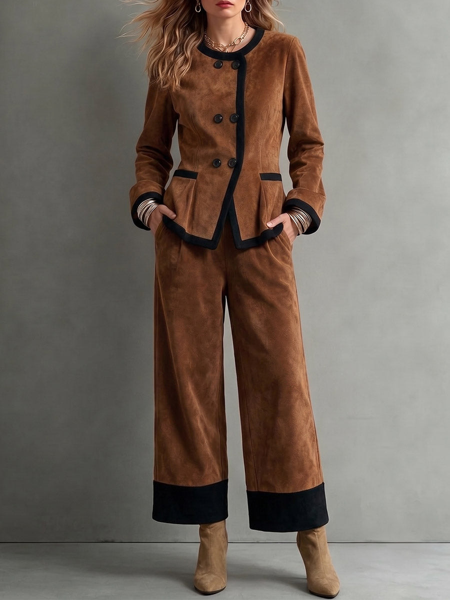 Women's Round Neck Long Sleeve Casual Loose Faux Suede Top And High Waist Wide Leg Pants Color Block Suit