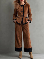 Women's Round Neck Long Sleeve Casual Loose Faux Suede Top And High Waist Wide Leg Pants Color Block Suit