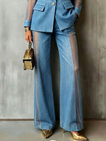 Chic Trendy Sheer-paneled Wide-leg Denim Pants