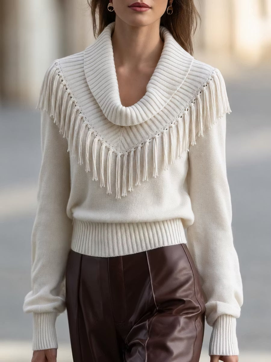 Chic Knit Top With A Draped, Tassel-accented Collar