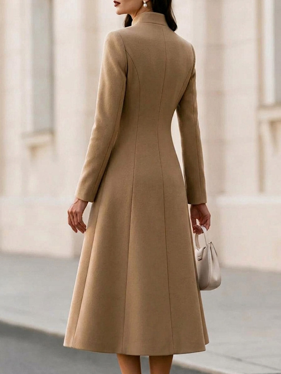 Women's Solid-color Stand-collar Long-sleeve Casual Loose A-line Dress/long Coat
