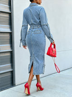 Stylish Casual Zip-front Midi Denim Dress