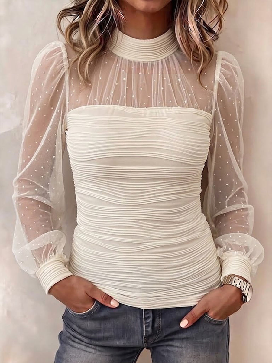 Chic Sheer Glitter Mesh High-neck Long-sleeve Top