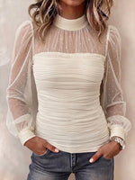 Chic Sheer Glitter Mesh High-neck Long-sleeve Top