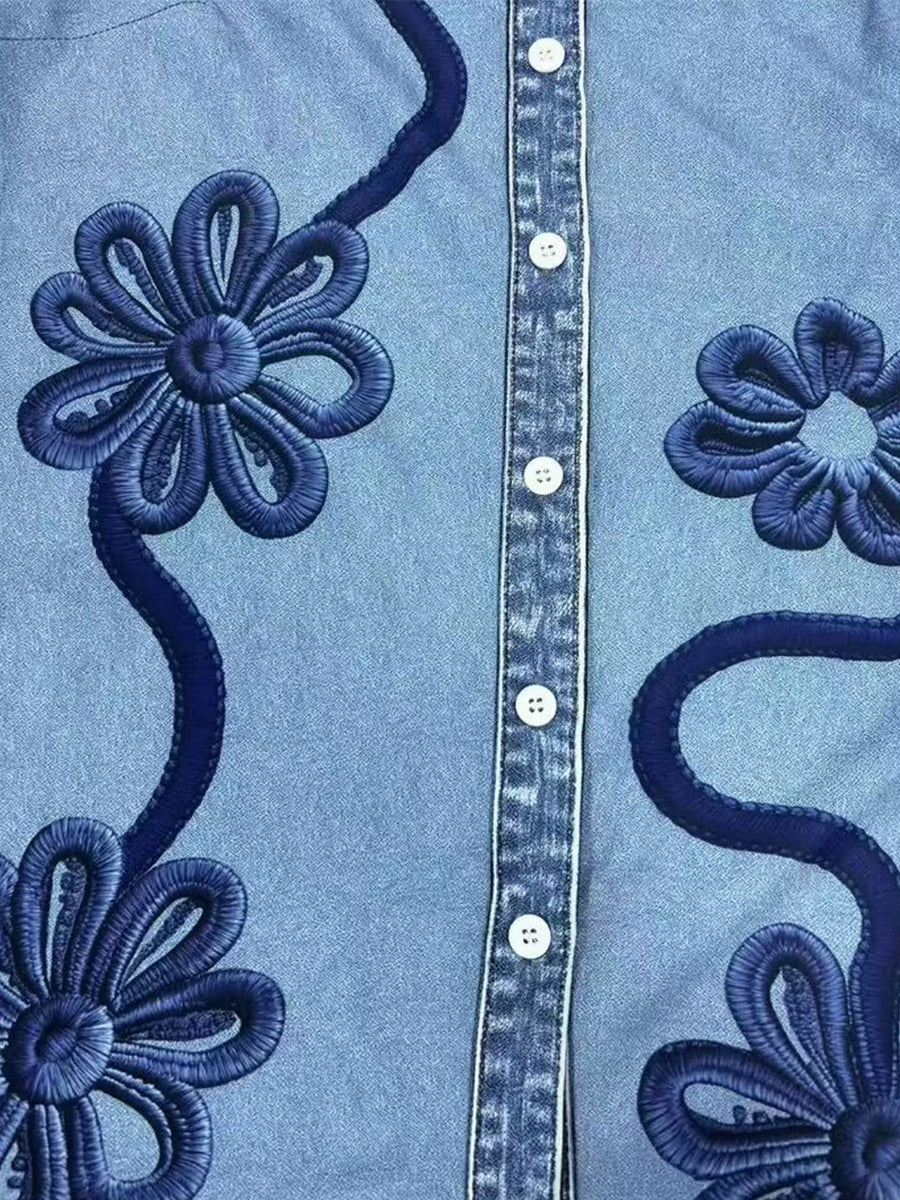 Vintage Floral Embroidered Denim Shirt