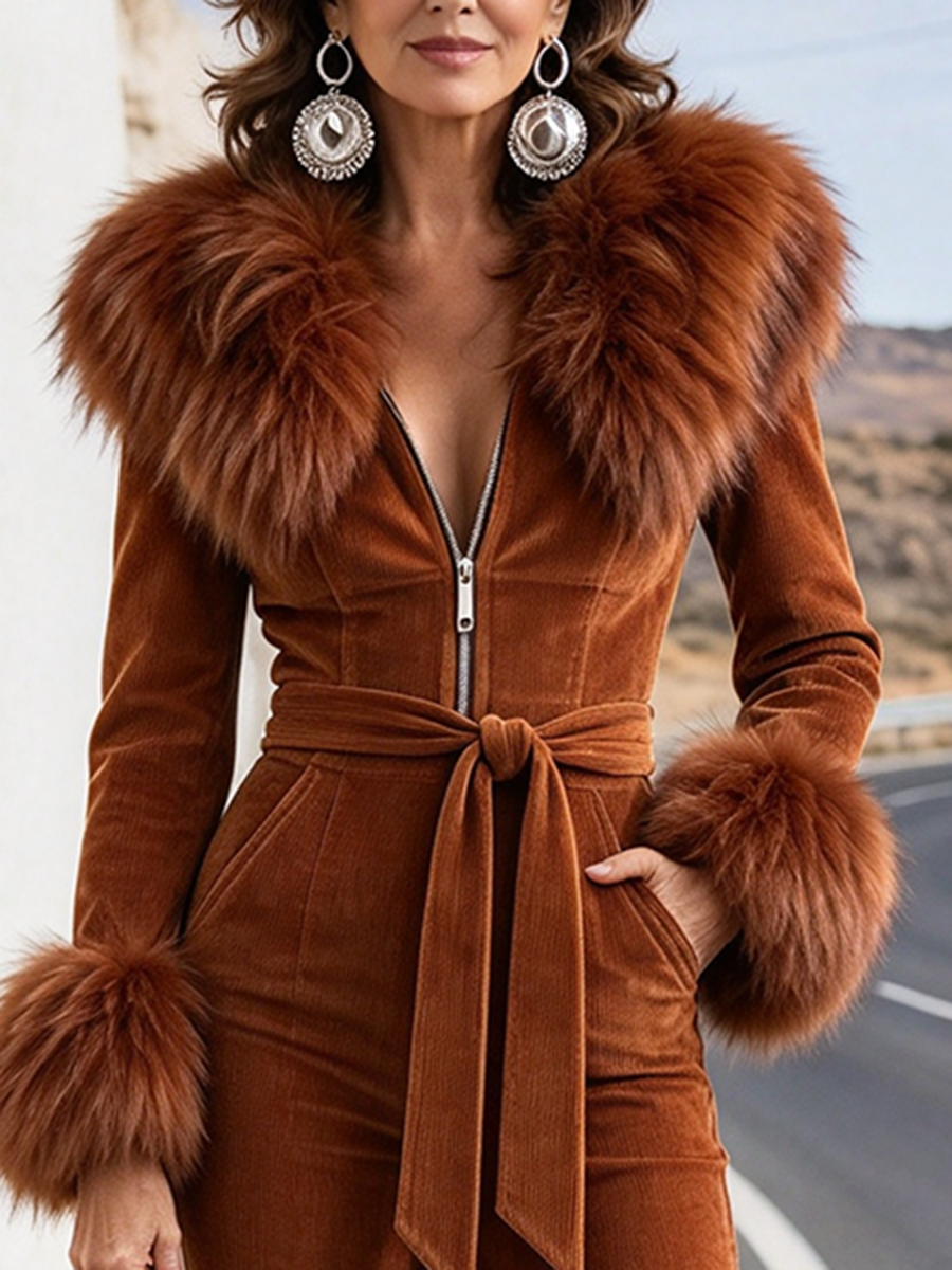 Luxury Faux Fur Trim Zipper Corduroy Jumpsuit.