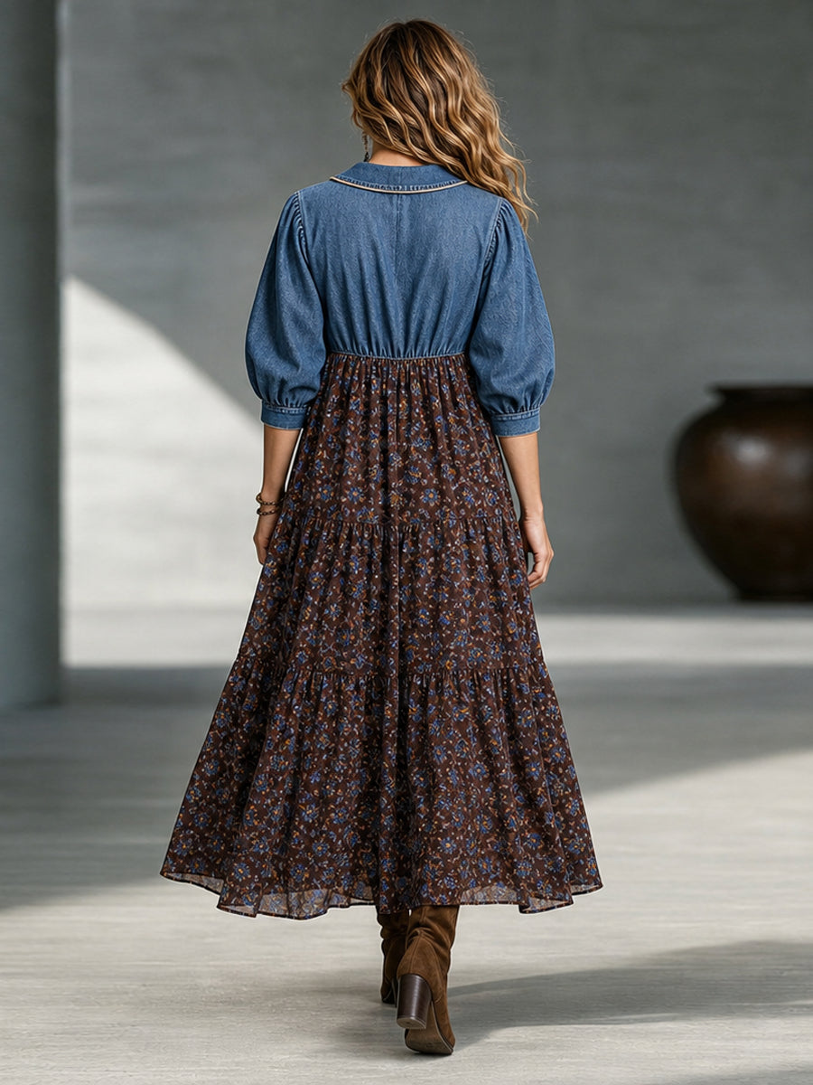 Boho-chic Denim Bodice Long Sleeve Floral Tiered Swing Maxi Dress
