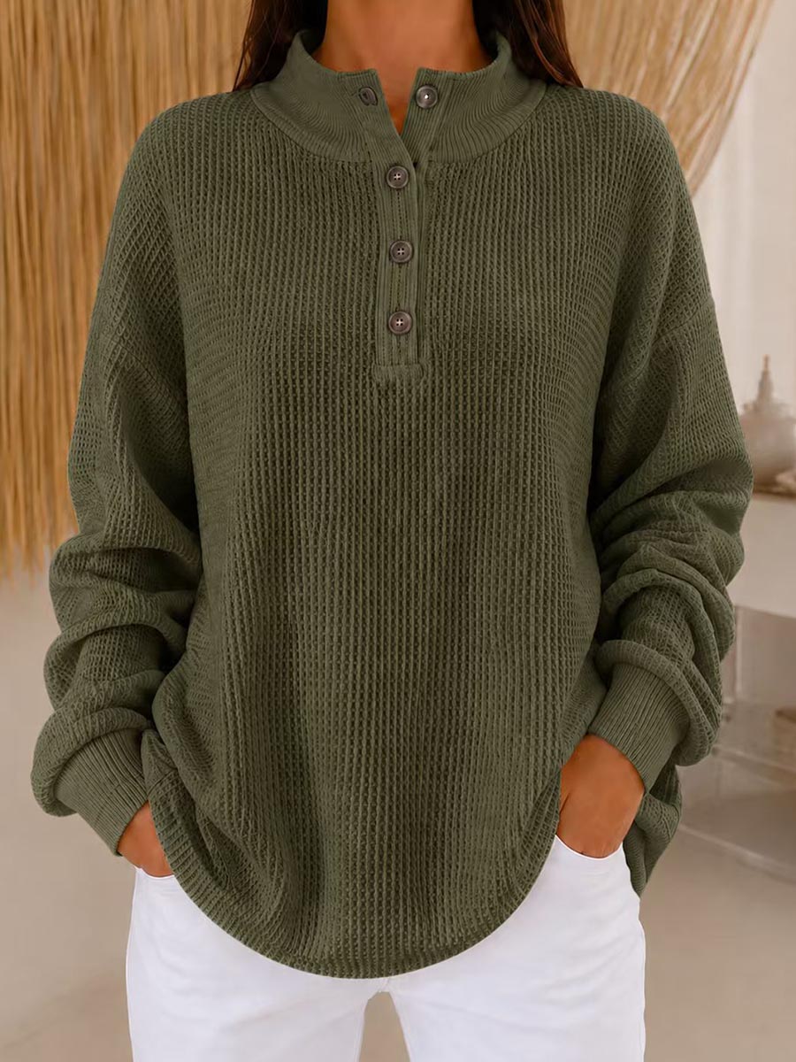 Women's Solid Color Stand-collar Long-sleeve Casual Loose Waffle-knit Pullover
