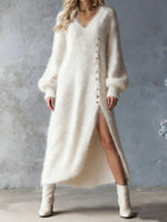 Stylish And Elegant V-neck Knitted Maxi Dress With A Soft, Velvety Feel