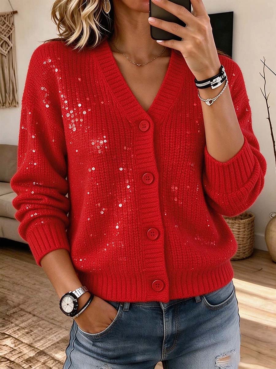 Women's V-neck Red Sequin Button-down Knit Cardigan