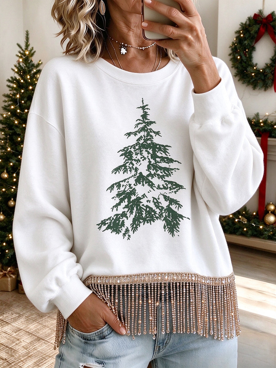 Festive Tree-Graphic Rhinestone-Fringe Sweatshirt