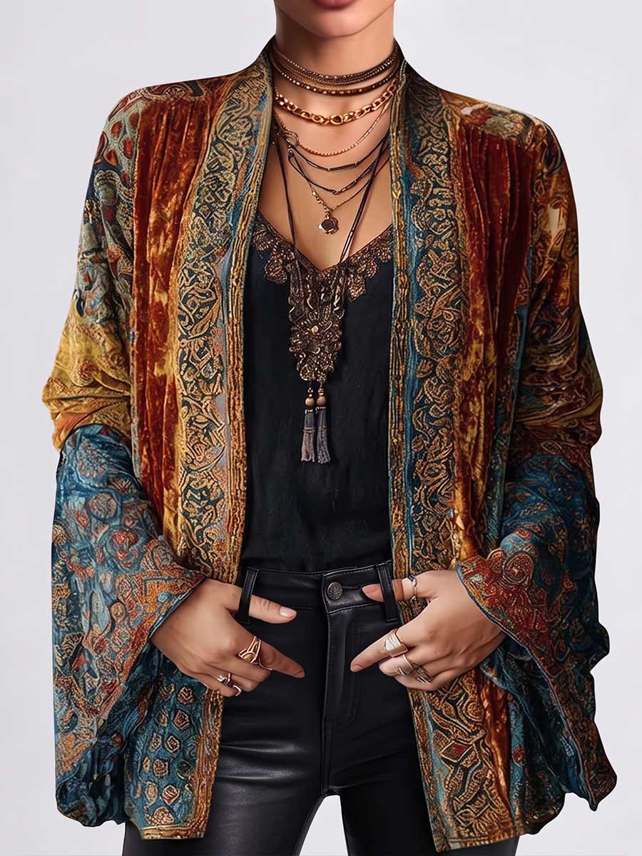 Women's Retro Print V-neck Long Sleeve Casual Loose Velvet Cardigan