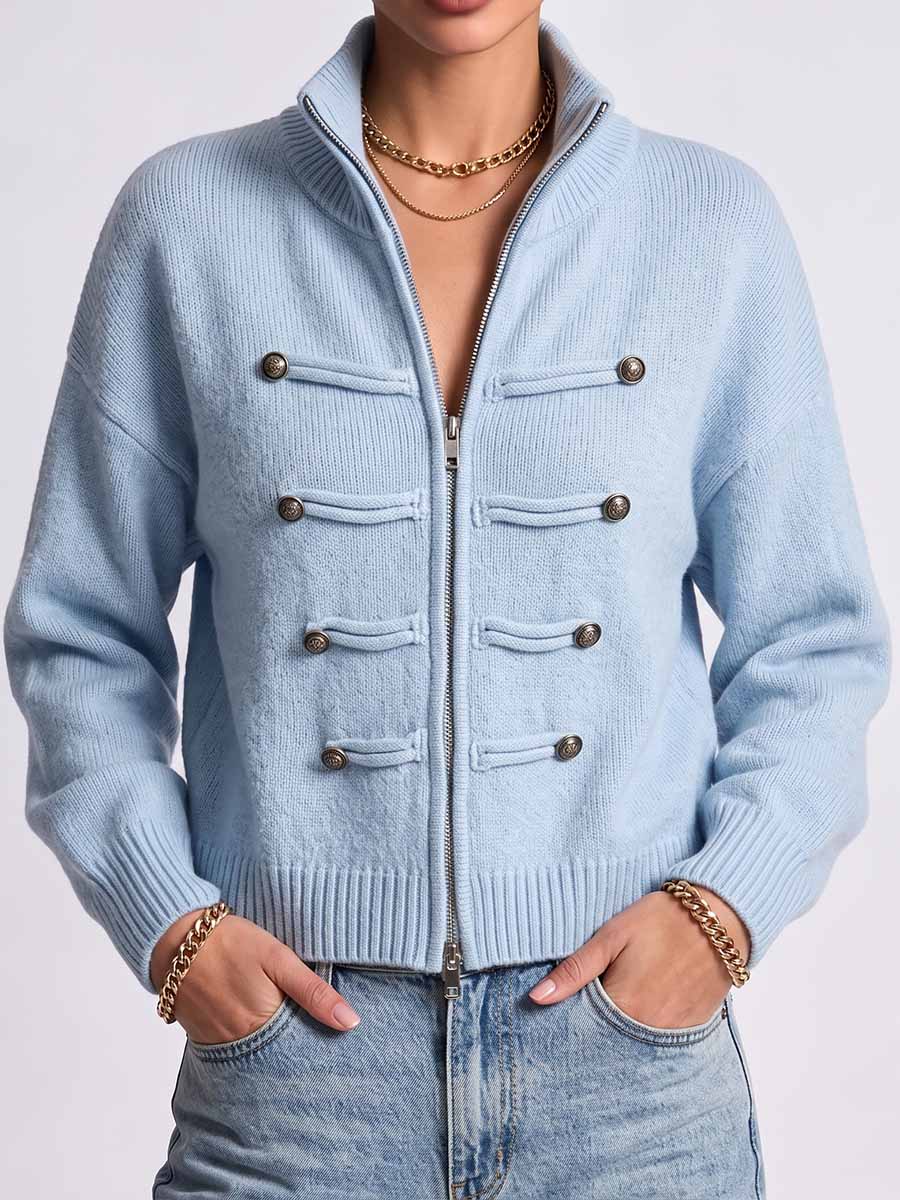 Women's Solid Color Stand Collar Long Sleeve Casual Loose Knit Cardigan