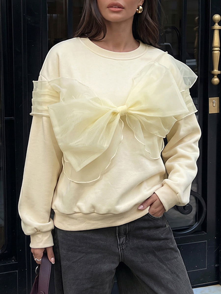 Chic Butter Yellow Organza Bow Accent Sweatshirt