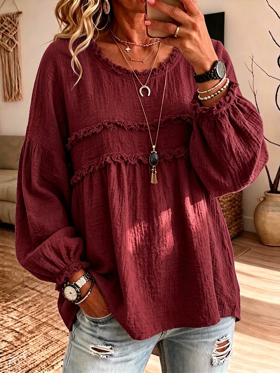 Casual Raw-edge Ruffled Cotton-linen Blend Pleated Top