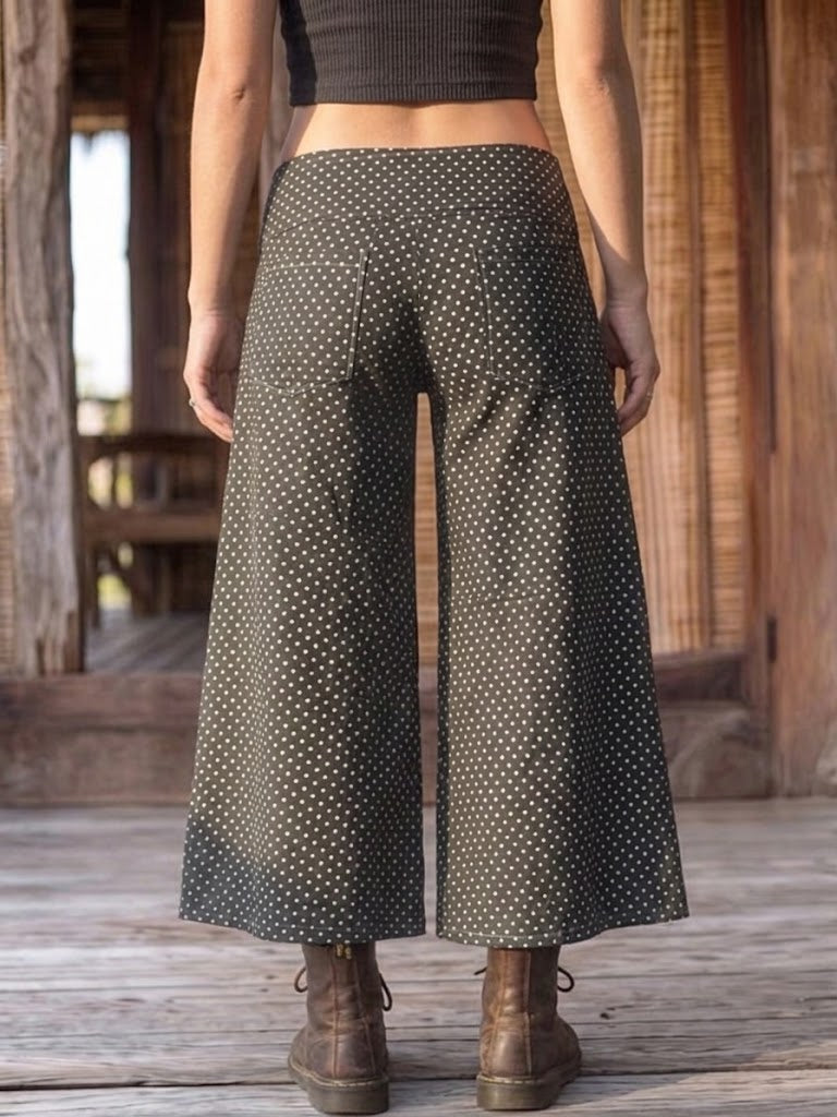 Polka-dot Single-button Cropped Wide-leg Trousers