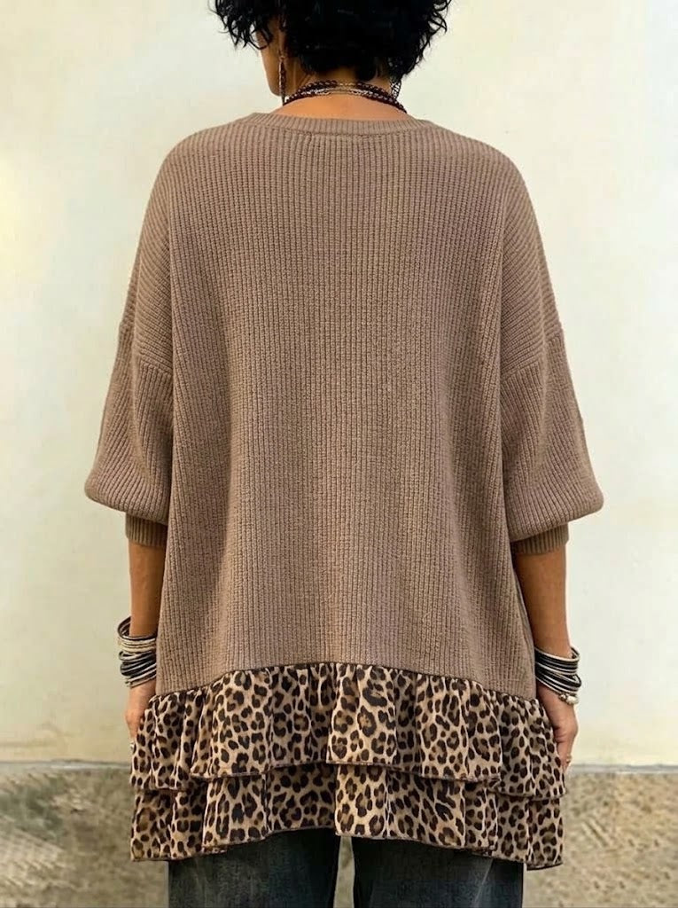 Round Neck Drop Shoulder Knit Top With Leopard Print Ruffle Hem