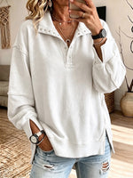 Casual Oversized Raw-edge Cotton Henley Sweatshirt