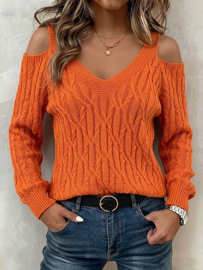 Casual Solid-color Cable-knit Off-shoulder Lantern-sleeve Sweater