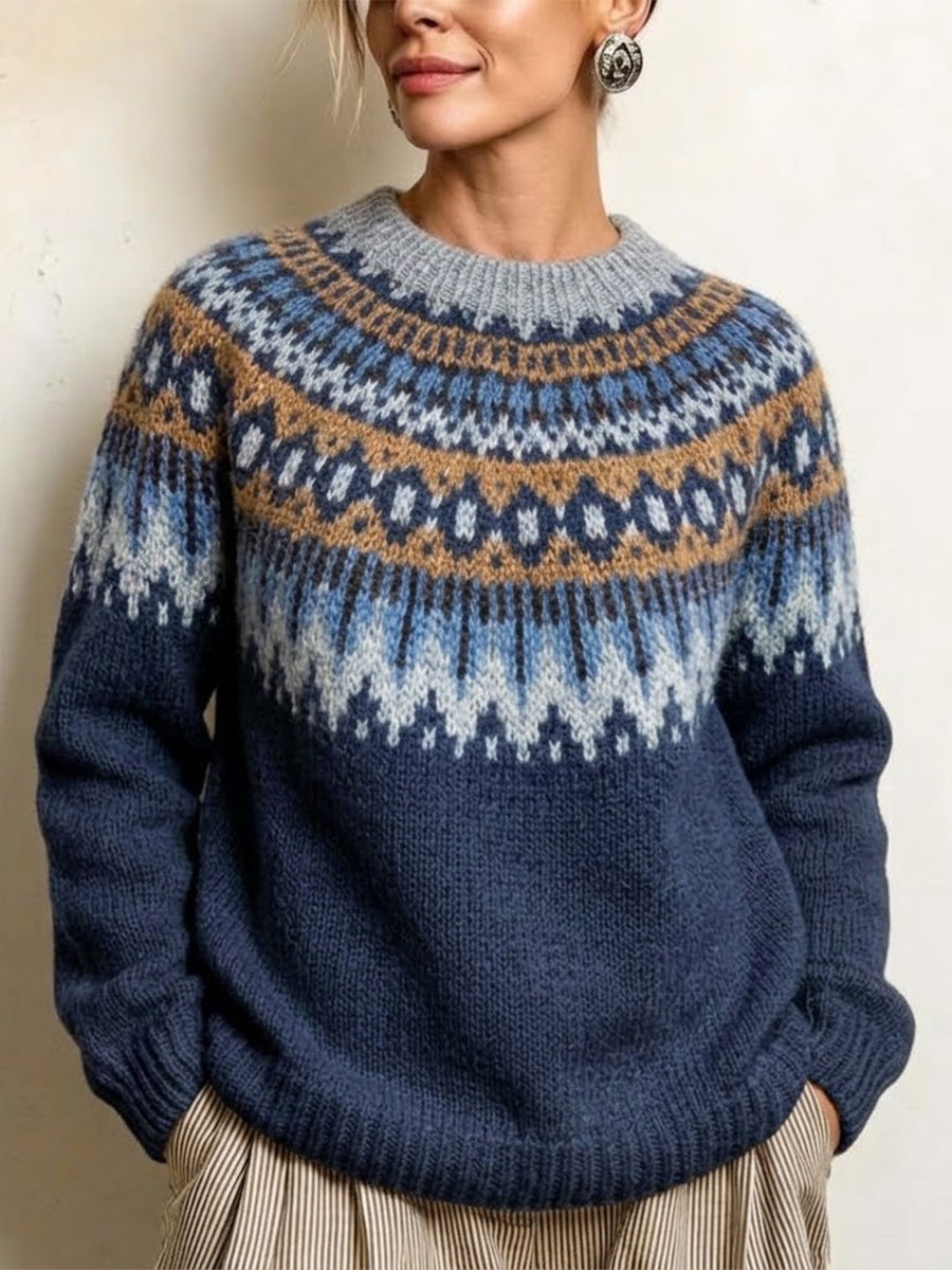 Stylish, Loose-fitting, Color-block Knit Pullover With A Round Neck