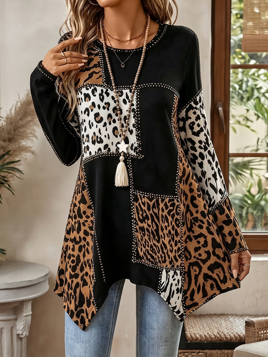 Bohemian-style Leopard Print Stretch Knit Top