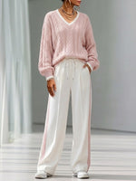 Two-piece Set Featuring A Casual Cable-knit V-neck Sweater With Color-contrast Trim And Drawstring Cotton Trousers.
