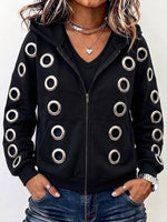 Loose-fit Casual Hooded Cardigan With Metallic Ring Cutouts