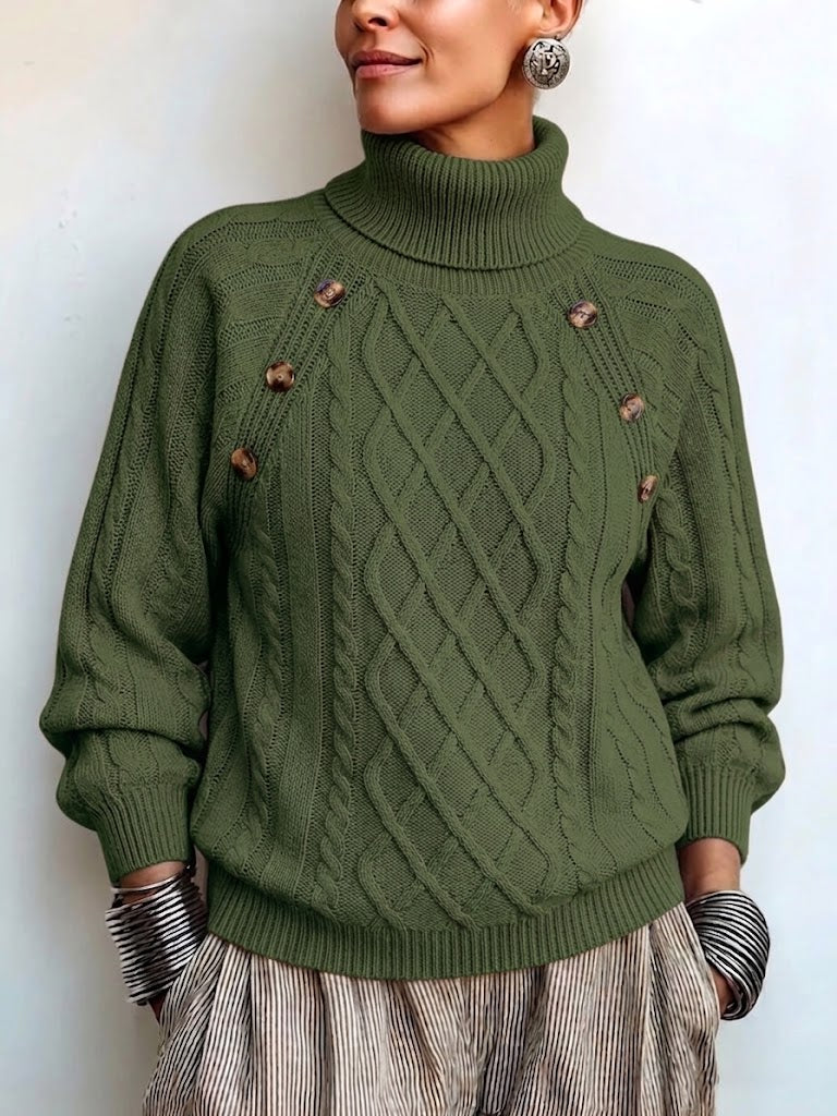 Casual Solid-color Cable-knit Turtleneck Pullover Sweater With Lantern Sleeves
