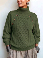 Casual Solid-color Cable-knit Turtleneck Pullover Sweater With Lantern Sleeves