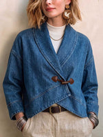 Women's Casual Loose-fit Denim Jacket With Lapel And Long Sleeves