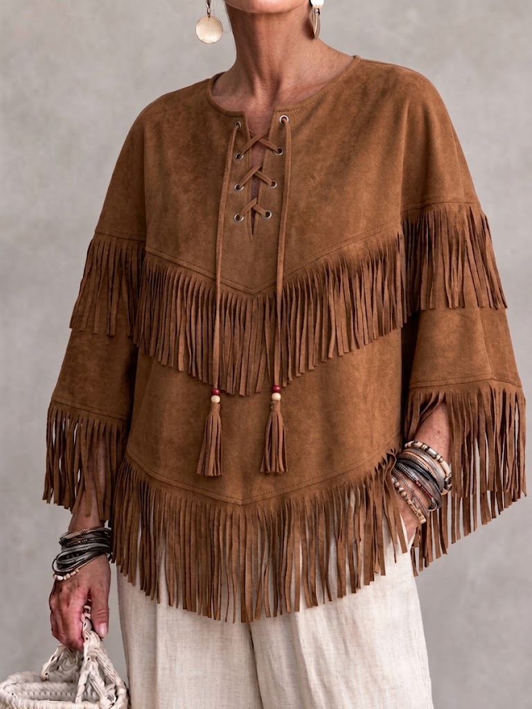 Ethnic-style Faux Suede Fringed Vest With Batwing Sleeves