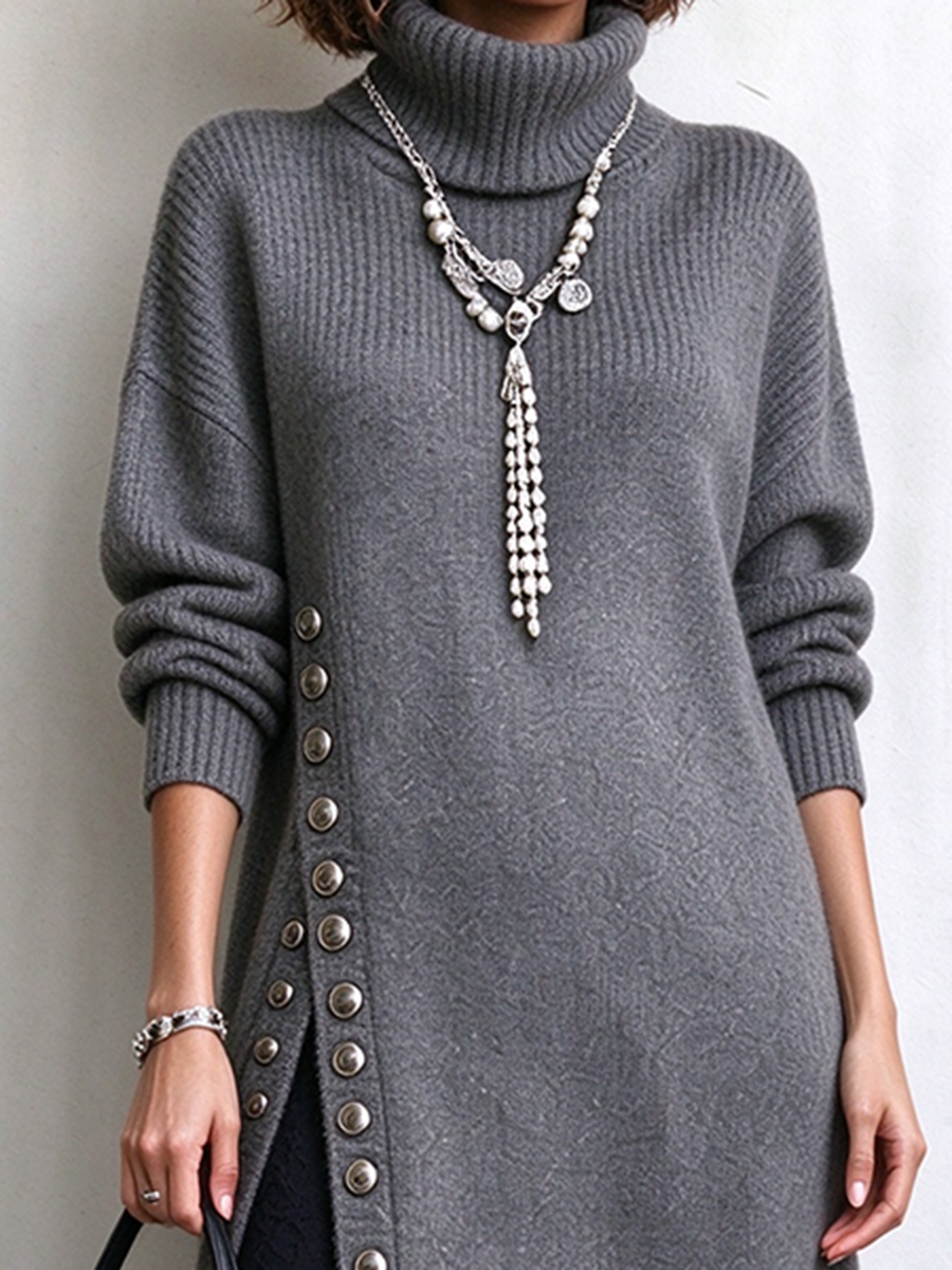 Asymmetric Side-button Turtleneck Cozy Midi Sweater Dress