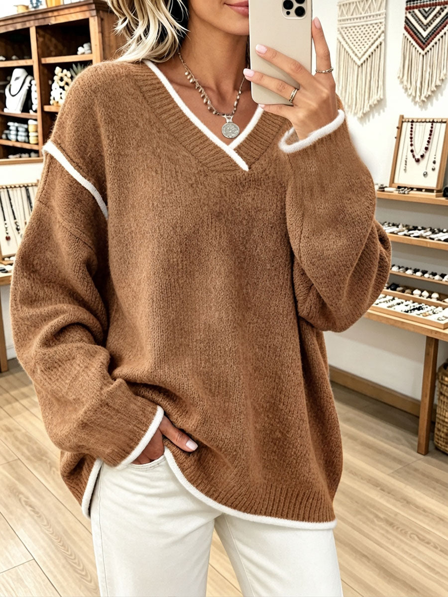 Chic Casual White Piping Trim Oversized V-neck Sweater