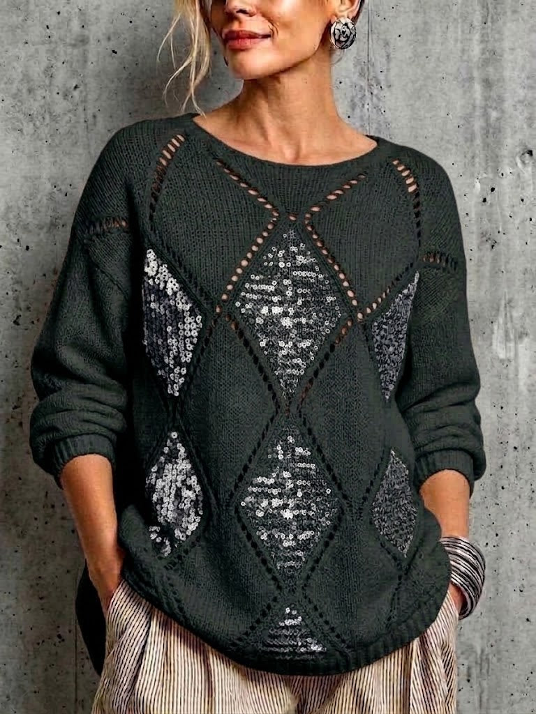 Loose-fit Knit Sweater With Diamond Cutouts And Sequin Embellishments