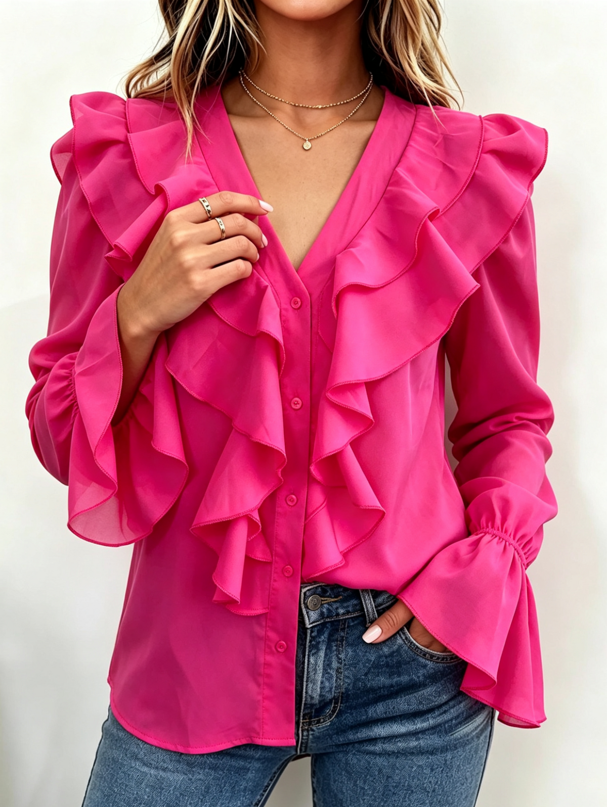 Chic Hot Pink Ruffled Blouse