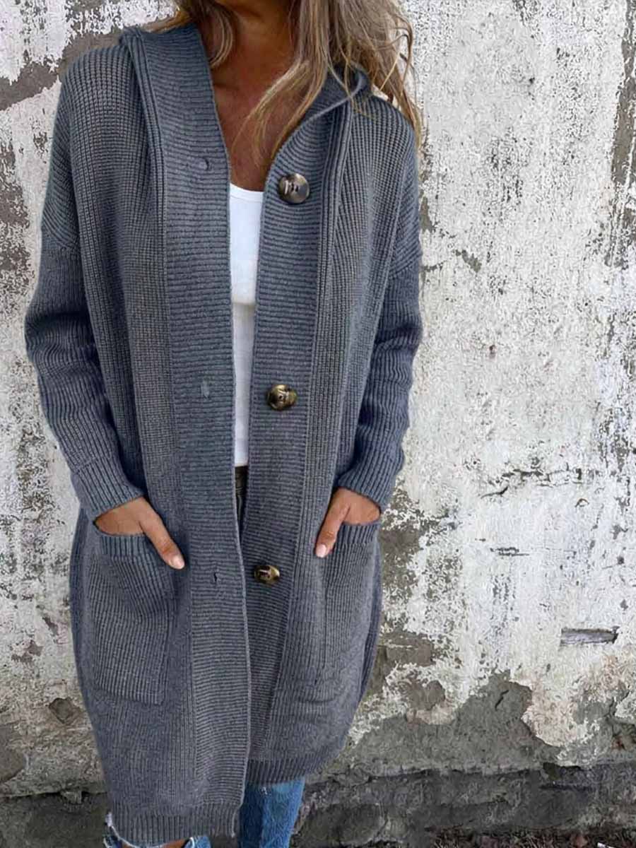 Women's Solid Color Collared Long Sleeve Casual Loose Hooded Knit Cardigan
