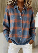 Casual Plaid Button-front Knit Cardigan With A Collar