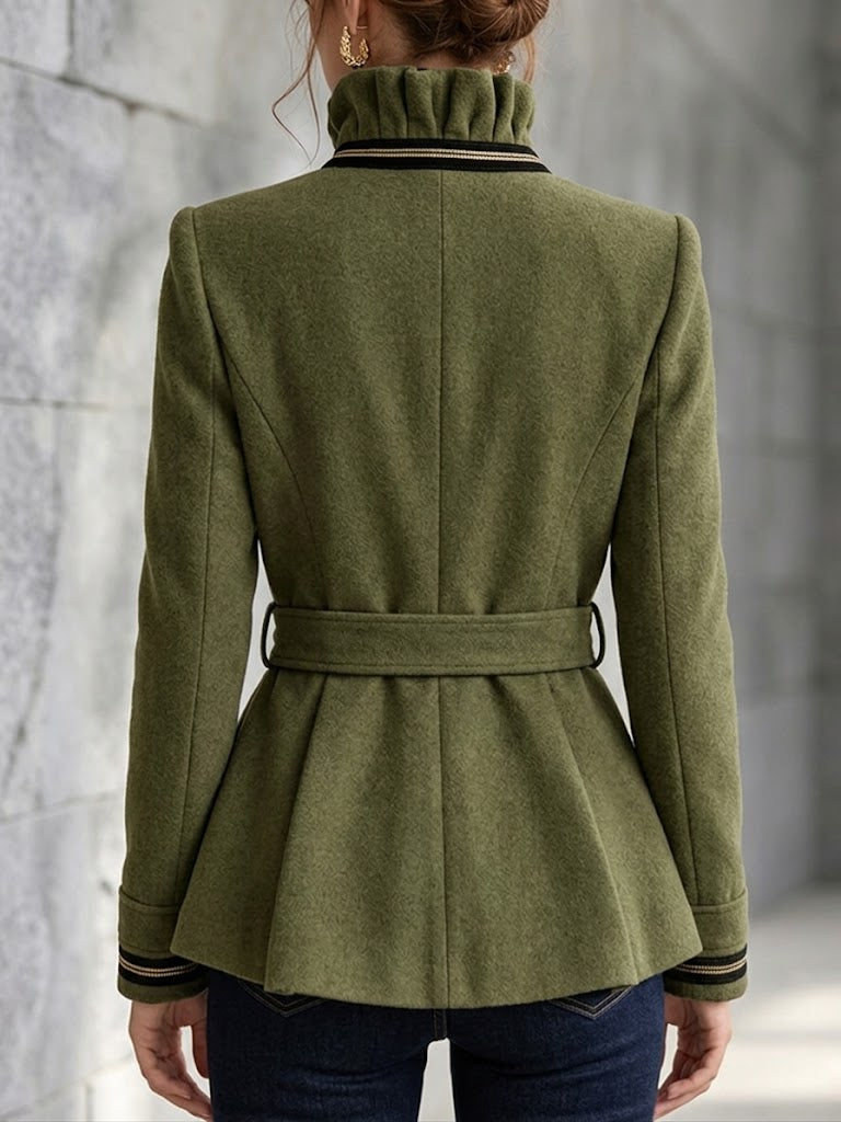 Stylish Wool-blend Jacket With Ruffled Stand Collar, Tie Detail, And Ruffled Hem
