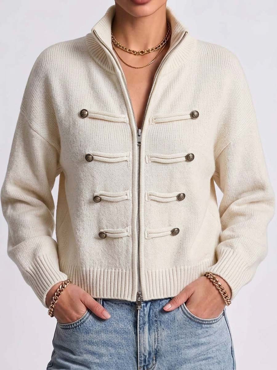Women's Solid Color Stand Collar Long Sleeve Casual Loose Knit Cardigan