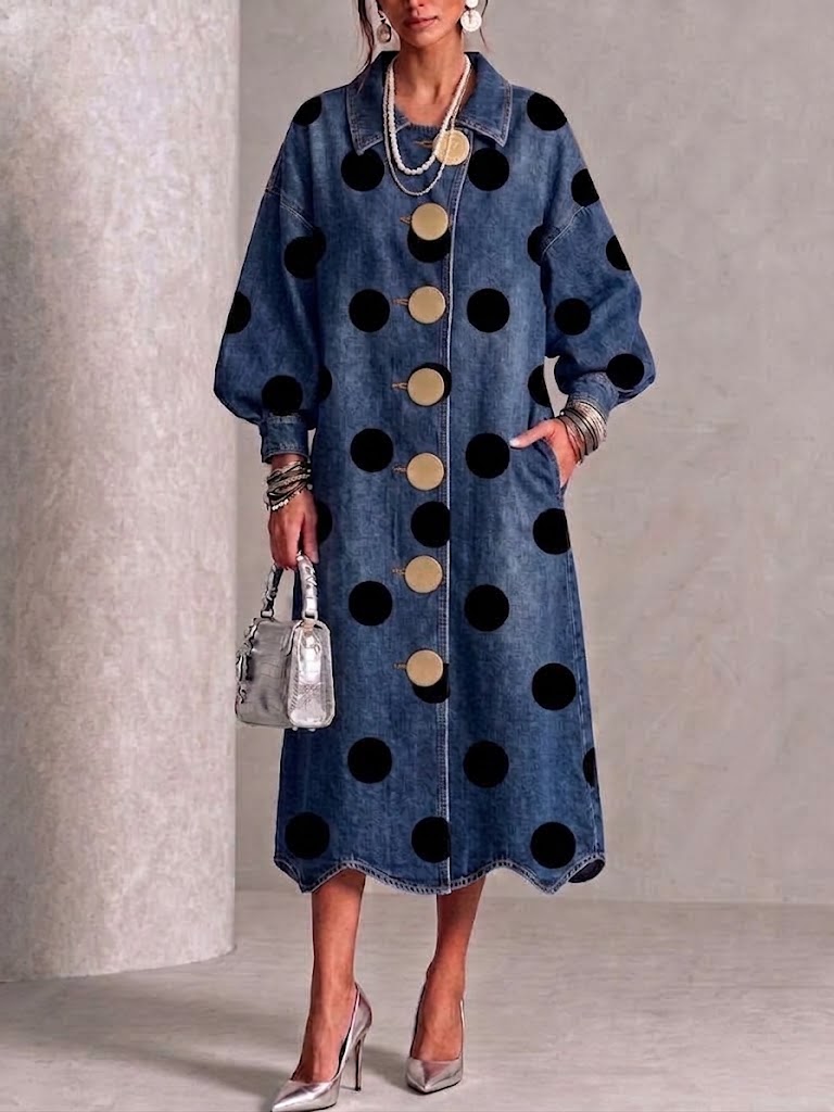 Collared Polka-dot Denim Dress With Gold Buttons, Lantern Sleeves, And Ruffled Hem