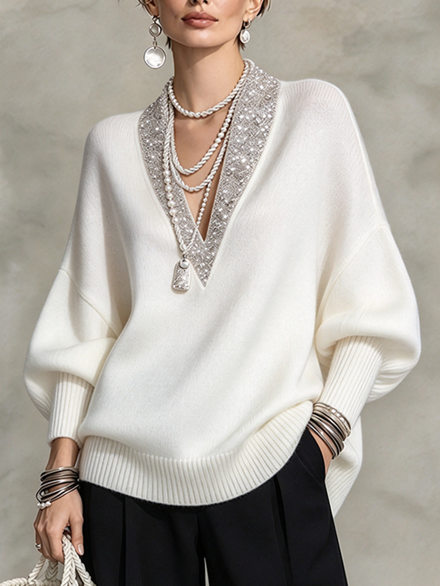 Elegant Luxury Sequin Trimmed V-neck Knit Sweater