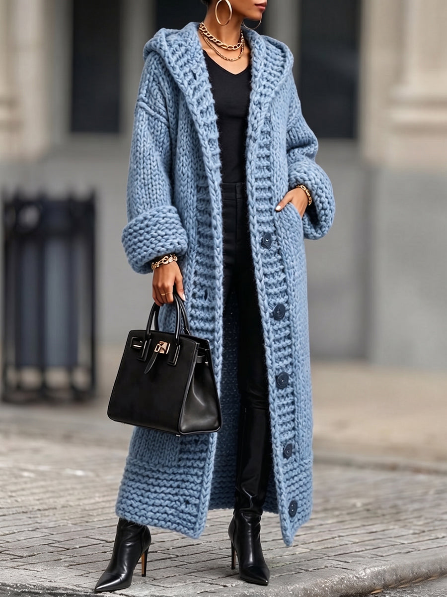 Casual, Relaxed-fit, Long, Chunky-knit Hooded Cardigan