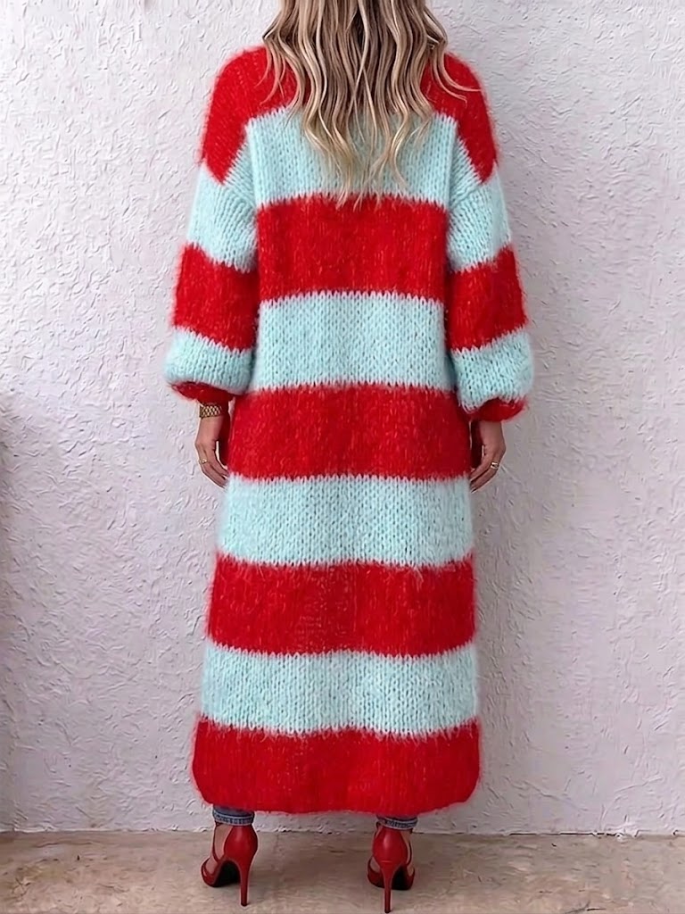 Color-block Striped Long Cardigan In A Relaxed Style