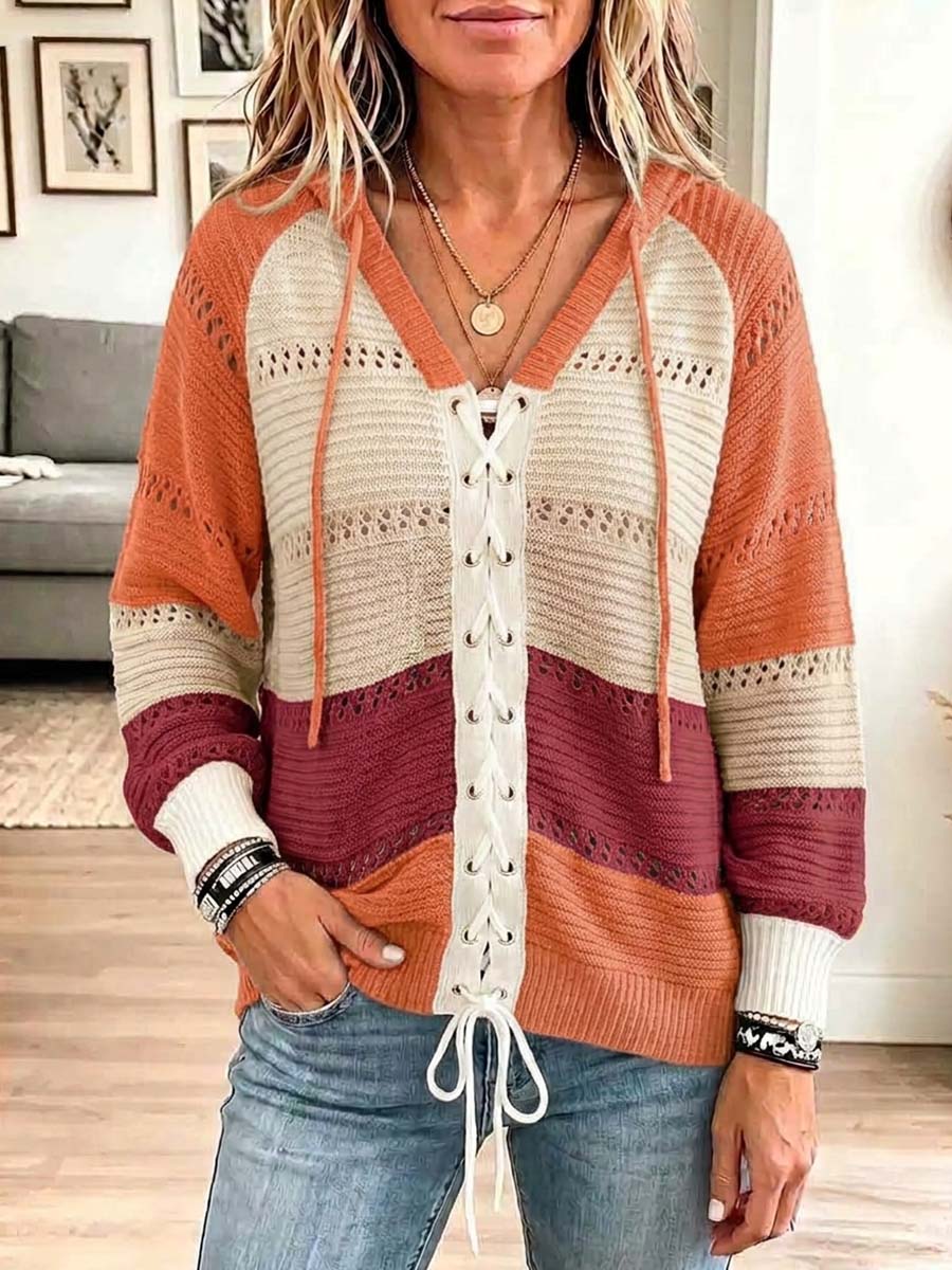 Women's Color-blocked V-neck Long-sleeved Casual Loose Hooded Knit Pullover