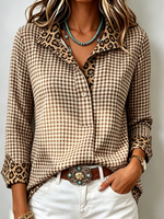 Stylish Plaid Leopard Contrast Long-sleeve Cotton Shirt Top