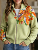 Casual Printed Zip-Up Knit Cardigan